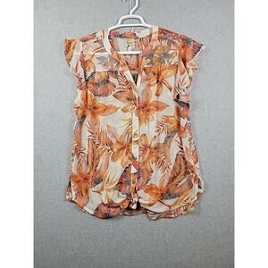 Fig And Flower Orange Floral SS Semi Sheer Button Up Shirt Women's Plus 1X